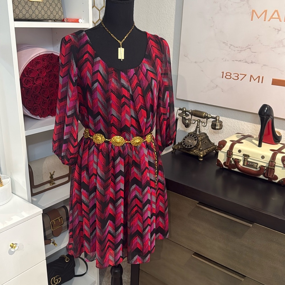 Iz Byer Red and Pink Chevron Dress